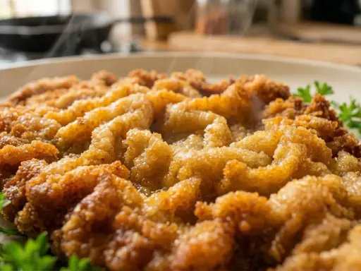 Heiß dampfendes paniertes Schnitzel, goldbraun gebraten. Wie lange paniertes Schnitzel braten? Perfekt knusprig!