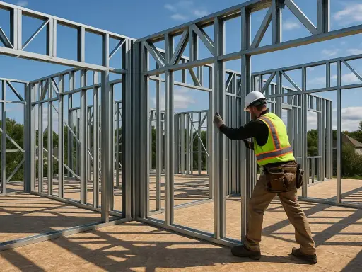 Obrero trabajando en la construccion steel framing de una casa. El sol ilumina la estructura metálica.