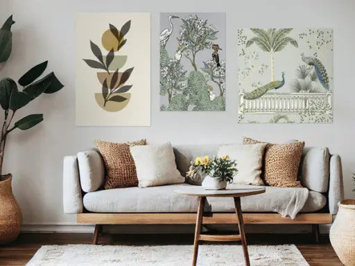 Trois cadres sont disposés sur un mur : un abstrait végétal, un jardin avec des oiseaux, et un autre avec des paons.