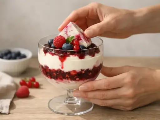 Verrine de dessert aux fruits rouges et crème, garnie d'une feuille de menthe.