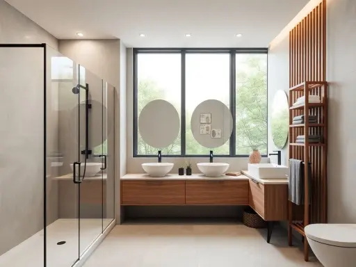 Salle de bain 10m2 moderne avec douche vitrée, double vasque sur meuble bois, et étagère murale.