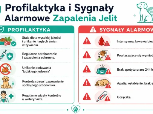 Profilaktyka i sygnały alarmowe zapalenia jelit u psa: krwawa biegunka, wymioty, brak apetytu, apatia, gorączka.