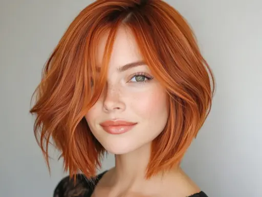 Mujer con cabello cobrizo y corte bob asimétrico, ideal para cortes de pelo para dar volumen al pelo fino.