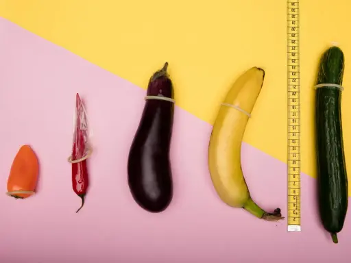 Pomarańczowa papryczka, czerwona papryczka chili, bakłażan, banan i ogórek, każdy w prezerwatywie, ułożone od najmniejszego do największego. Wygląda, jakby zmniejszył mi się członek.