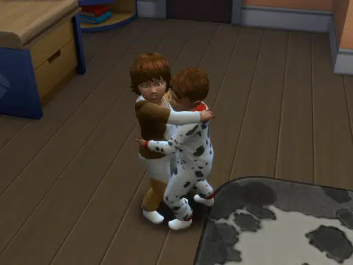 Dzieci w piżamkach przytulają się. W The Sims 4, aby zrobić dziecko, potrzebujesz dorosłych Simów i łóżka.