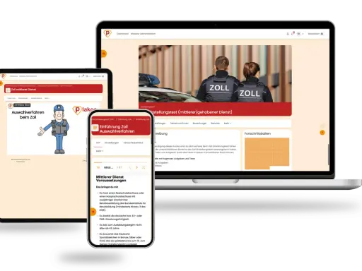 Drei Bildschirme zeigen eine Website über den Zoll-Einstellungstest mit Zollbeamten und einer Illustration.