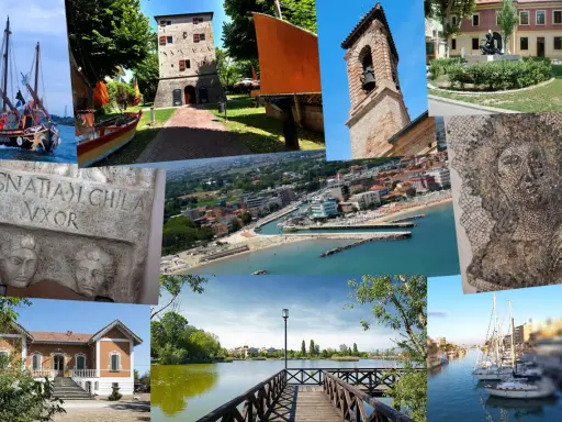Bellaria Igea Marina: un collage di storia e mare. Barche a vela, un'antica torre, un mosaico romano, la spiaggia e un lago incorniciano la bellezza di questa località.