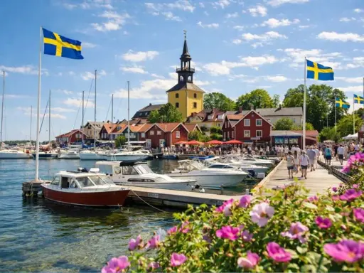 En livlig hamn med svenska flaggor, båtar och röda hus. Kanske en vy från ett mysigt hotell i Norrbotten en solig sommardag.