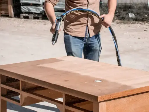 Un homme utilise un appareil pour le décapage bois sur un bureau. La surface est partiellement nettoyée, révélant le bois brut.