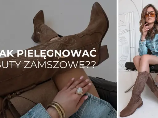 Jak pielęgnować buty zamszowe? Stylowa kobieta w jeansowej sukience i brązowych kozakach pokazuje, jak dbać o zamsz.