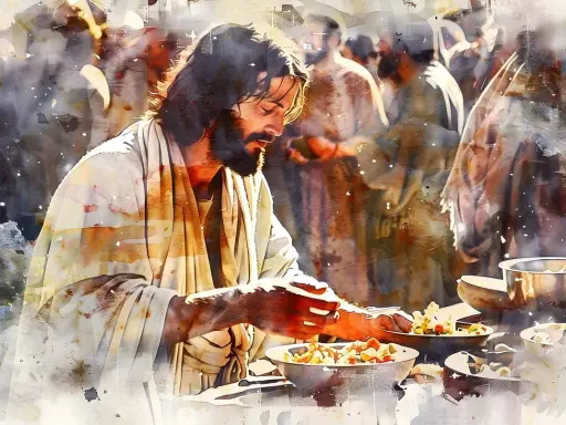 Jezus rozdziela pokarm, jak w psalm 5. Woda i światło tworzą mistyczną atmosferę wokół postaci i zgromadzonych ludzi.