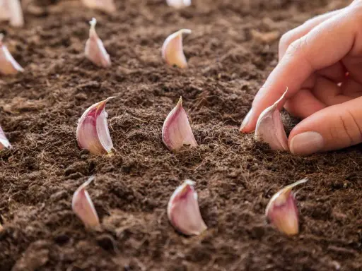 Main d'une personne en train de planter de l'ail dans la terre.