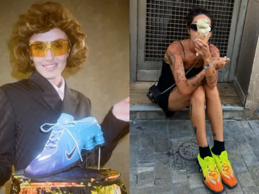 Dwie stylizacje z butami Nike. Po lewej modelka w niebieskich, futurystycznych butach, po prawej osoba w neonowych, pomarańczowo-żółtych. Czy to najbrzydsze buty Nike?