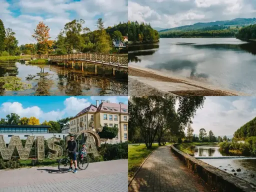 Malownicze krajobrazy Wisły i okolic: mostek nad stawem, jezioro, napis WISŁA z rowerzystami, ścieżka nad rzeką.