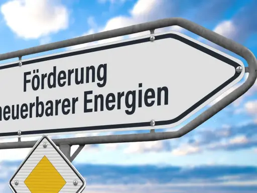 Wegweiser zeigt "Förderung erneuerbarer Energien" in den Himmel.