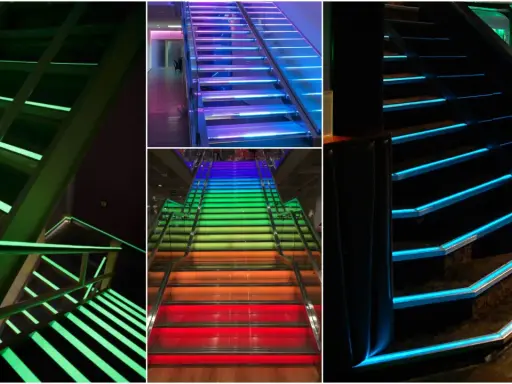 Schody z zielonym, tęczowym i niebieskim podświetleniem pokazują różnicę między RGB a RGBW w oświetleniu.