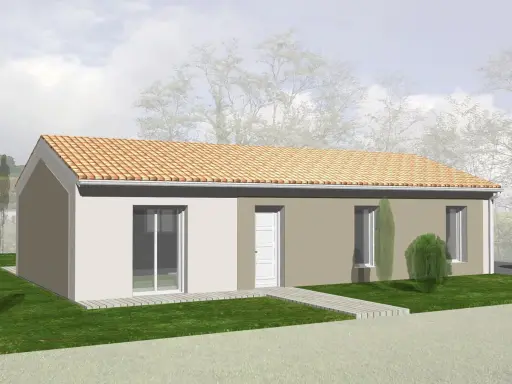 Une maison moderne avec toit en tuiles, idéale pour construire maison pour 80 000 euros. Pelouse verte et ciel nuageux.