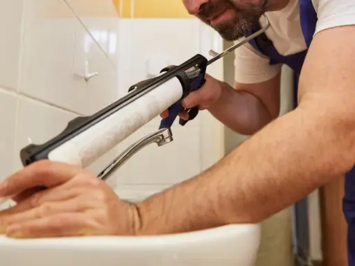 Un homme applique une bonde silicone autour d'un lavabo avec un pistolet.