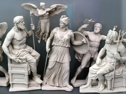 Rzeźby bogów greckich, ukazujące sceny walki i triumfu, odzwierciedlają mitologizację w literaturze, inspirując opowieści o potędze i boskich interwencjach.
