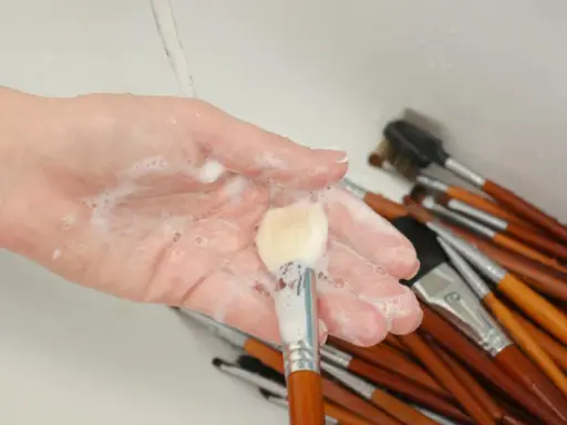 Mano con espuma jabonosa limpiando brochas de maquillaje en un lavabo.