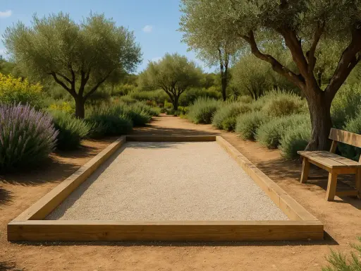 Terrain de pétanque en gravier, bordé de bois, sous des oliviers. La réglementation du jeu est respectée pour ce lieu paisible.