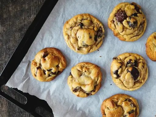Sept cookies américains aux pépites de chocolat, tout juste sortis du four, prêts à être dégustés. Une recette de cookie américain parfaite !