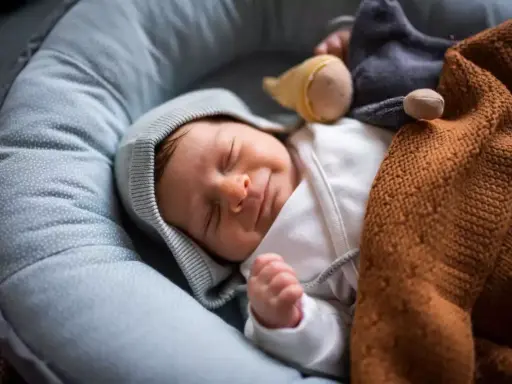 Ein Neugeborenes schläft friedlich in einer Babywippe, eingewickelt in eine warme Decke. Vielleicht ist es der 37 wochen schub, der ihm süße Träume schenkt.