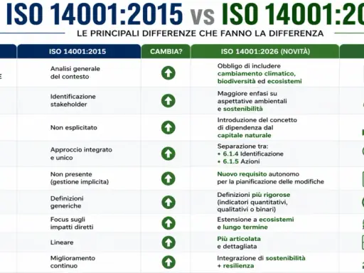 Confronto ISO 14001:2015 vs 2026: esempi di iperbato nella struttura dei requisiti e nell'approccio strategico.