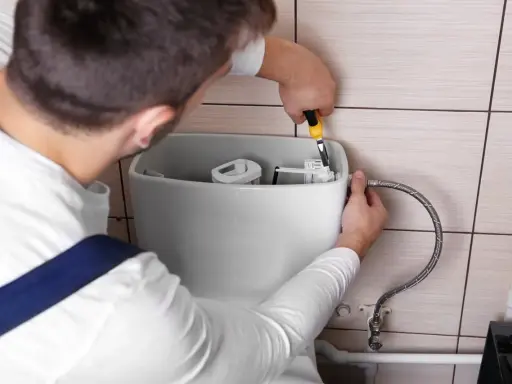 Un plombier répare une chasse d'eau qui coule. Il utilise une pince pour ajuster le mécanisme interne du réservoir.