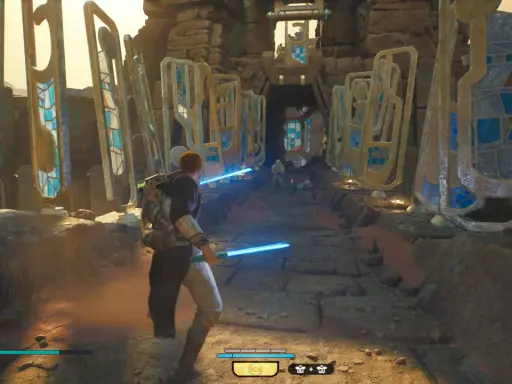 Jedi Survivor: Cal Kestis z niebieskim mieczem świetlnym w starożytnych ruinach, walczy z droidami.