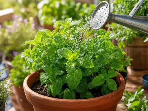 Arrosage d'une menthe en pot sur un balcon ensoleillé. L'eau tombe en fines gouttelettes sur les feuilles vertes et luxuriantes.