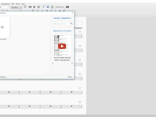 Finestra di avvio per creare spartito online. Include opzioni per trovare musica e tutorial.