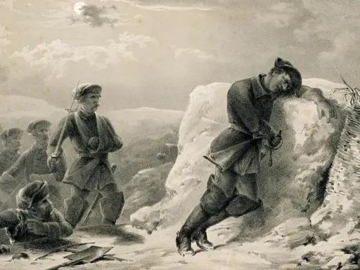 Soldater i snölandskap. En man vilar mot en sten, kanske en bild av hur dog Karl XII.