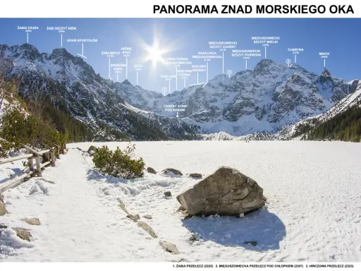 Zimowa panorama Tatr z widokiem na szczyt nad Morskim Okiem, pokryty śniegiem.