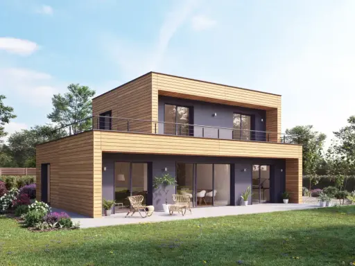 Maison bois moderne avec terrasse, jardin fleuri. Un bel exemple de maison booa prix m2 abordable et design.