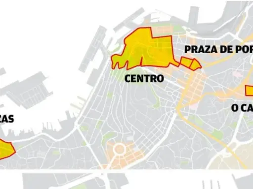 Mapa de Vigo con zonas resaltadas: Bouzas, Centro, Praza de Portugal y O Calvario. Ideal para planificar ir a Vigo en coche.