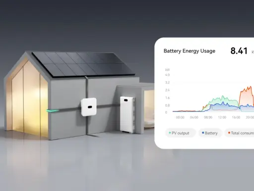 Hus med solpaneler och Huawei Luna2000 batteri. Graf visar energianvändning.