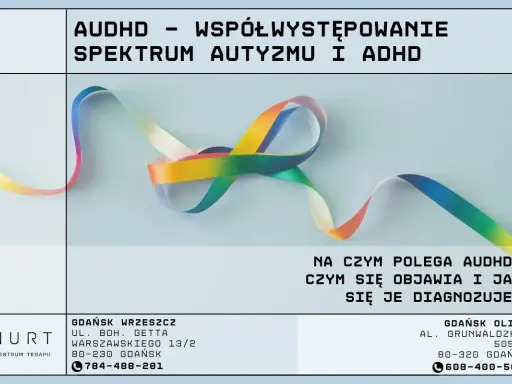 Tęczowa wstążka symbolizuje spektrum autyzmu i ADHD. Plakat informuje o współwystępowaniu tych zaburzeń.