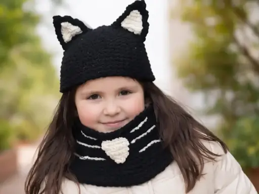 Niña sonriente con un gorro de lana con orejas de gato y bufanda a juego, tejida con agujas.