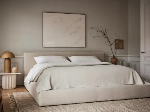 Une chambre beige apaisante avec un lit bas, une table de chevet sculpturale et une œuvre d'art abstraite.