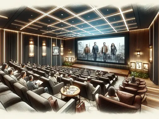 Un pubblico attento si prepara ad andare al cinema, seduto in comode poltrone davanti a un grande schermo che proietta un film.