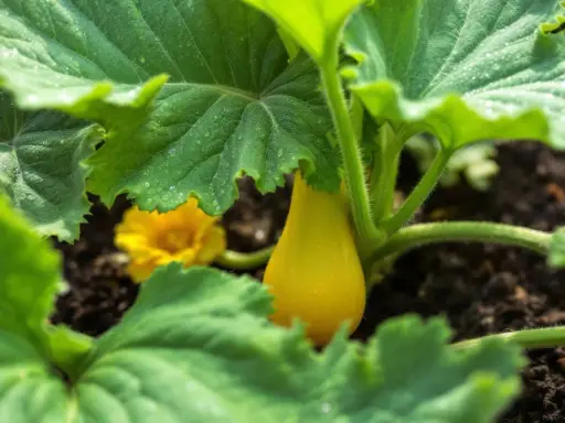 Un jeune courge butternut jaune, encore petit, se cache sous de grandes feuilles vertes. L'arrosage butternut est essentiel pour sa croissance.