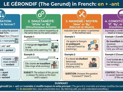 Le gérondif français : formation, simultanéité, manière et cause. Ex: "En écoutant bien, vous comprendrez tout.