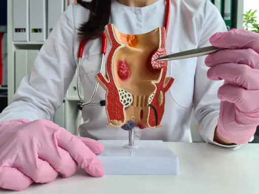 Model jelita grubego z widocznymi hemoroidami, które mogą powodować krew z odbytu. Lekarz w różowych rękawiczkach wskazuje na problem.