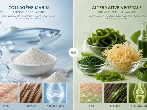 Collations marines et alternatives végétales, dont le collagène végétal issu d'algues, pour la peau, les cheveux et les articulations.