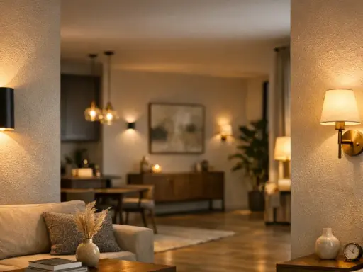 Appliques murales modernes, une noire en saillie et une dorée en applique, éclairent un salon cosy et une salle à manger chaleureuse.