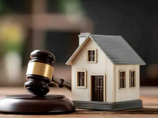Marteau de juge et maison miniature, symbolisant une décision de justice immobilière. Respecter le loi scrivener délai est crucial.