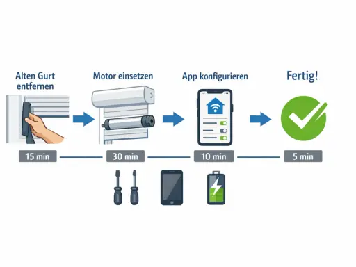 Schritt-für-Schritt-Anleitung, wie Sie Ihren Rolladen smart machen: Alten Gurt entfernen, Motor einsetzen, App konfigurieren. Fertig!