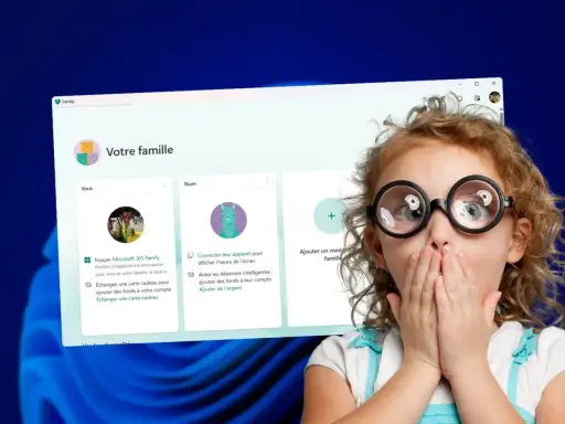 Une fillette surprise devant l'écran d'un PC affichant la gestion du contrôle parental familial Microsoft.