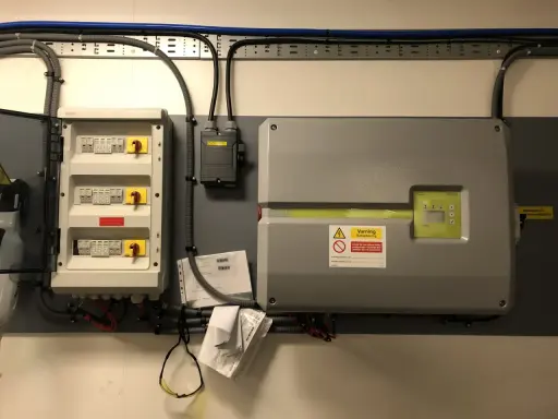 Elcentral med dc-brytare för solceller, uppfyller krav. En växelriktare och dokumentation syns också.